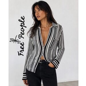 Free People Black White Striped Sequin Knit Cardigan Top Sz S Preppy Coastal